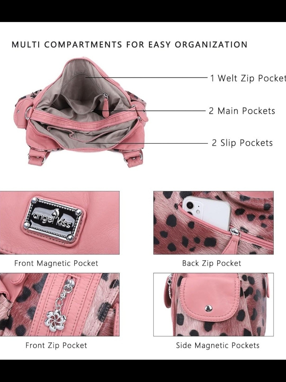 Angel Kiss Vegan Leather Leopard Print Hobo Satchel Bag- Pink & Black - Picture 6 of 9